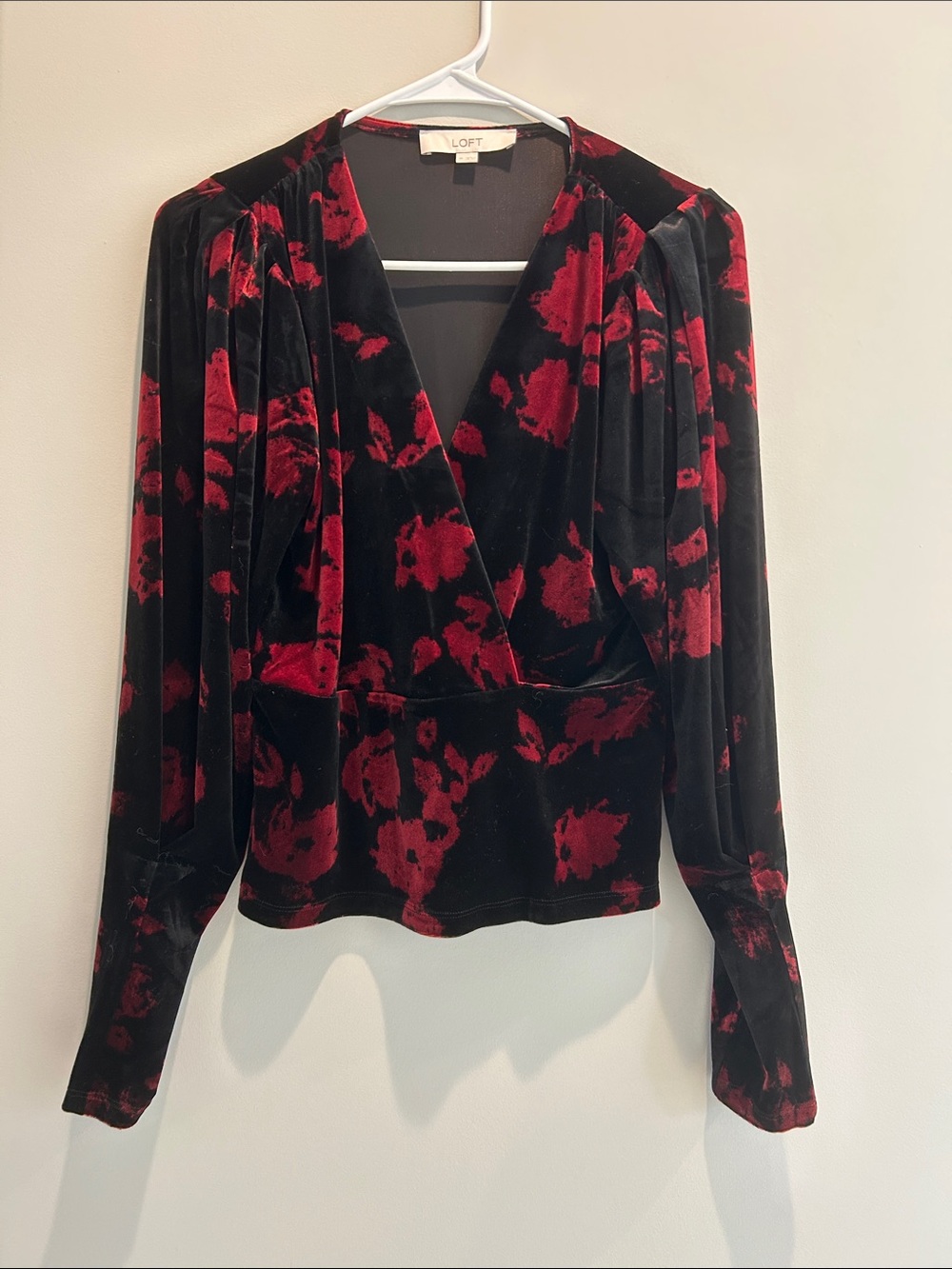 LOFT Black and Red Velvet Floral Wrap Blouse